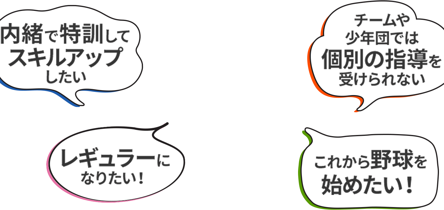 内緒で特訓してスキルアップしたい…チームや少年団では個別の指導を受けられない…レギュラーになりたい！…これから野球を始めたい！…
